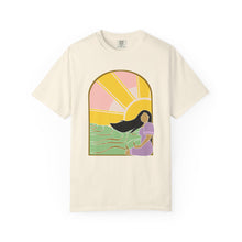 Load image into Gallery viewer, Sunrise Serenity T-Shirt — Woman by the Sea Graphic Tee

