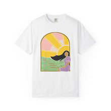 Load image into Gallery viewer, Sunrise Serenity T-Shirt — Woman by the Sea Graphic Tee

