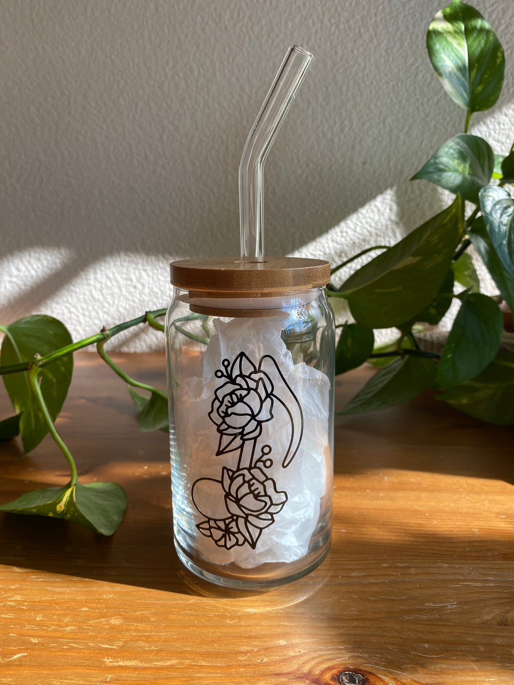 Floral Music Note Glass Can 16 oz.