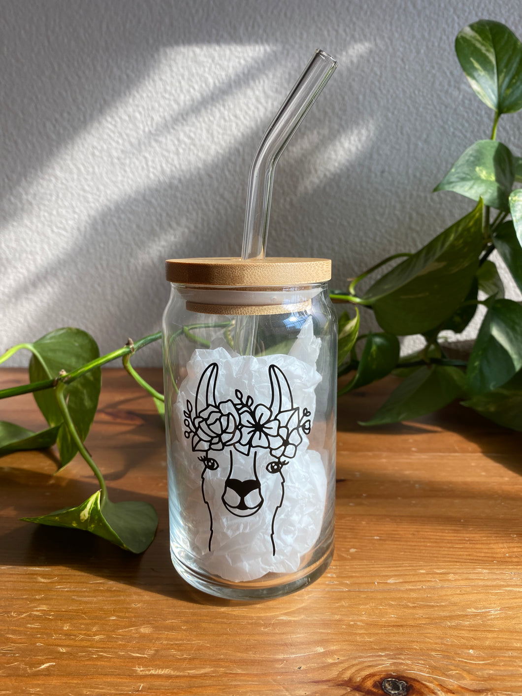 Floral Llama Glass Can 16 oz.