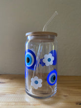Load image into Gallery viewer, Evil Eyes with Flowers Glass Cans 16 oz.
